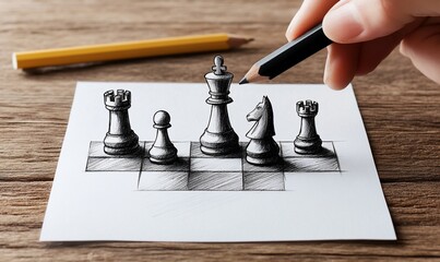 Hand drawing a chess scene on paper with pencil.