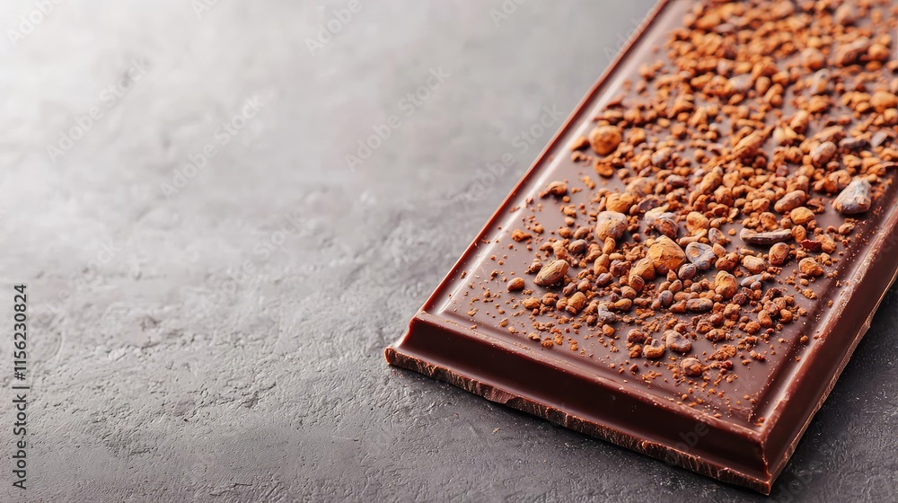 Poster rustic chocolate idea. close-up of a chocolate bar with crunchy toppings on a textured surface.