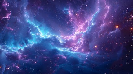 Naklejka premium Vibrant nebula with swirling clouds of purple, blue, and pink gas and dust, speckled with bright stars.