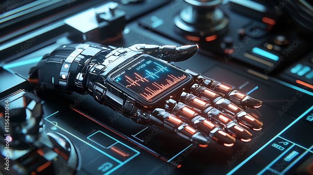 Poster Robotic hand with digital display showing waveform data.