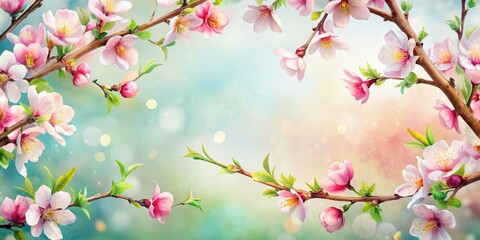 Fototapeta premium Watercolor Spring Frame, Tree Branch, Flowers, White Background, AI Photo
