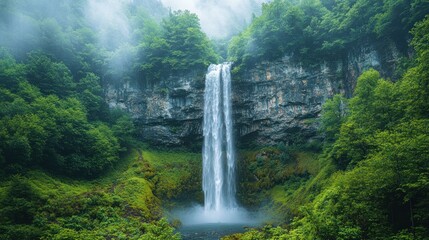 Fototapeta premium A serene waterfall surrounded by lush greenery and misty mountains.