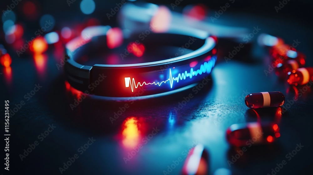 Poster futuristic health tracker displaying a heartbeat with pills nearby.