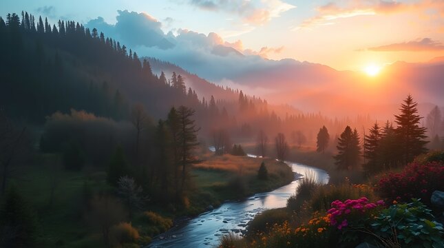 Spring Forest Mountain River in Sunrise