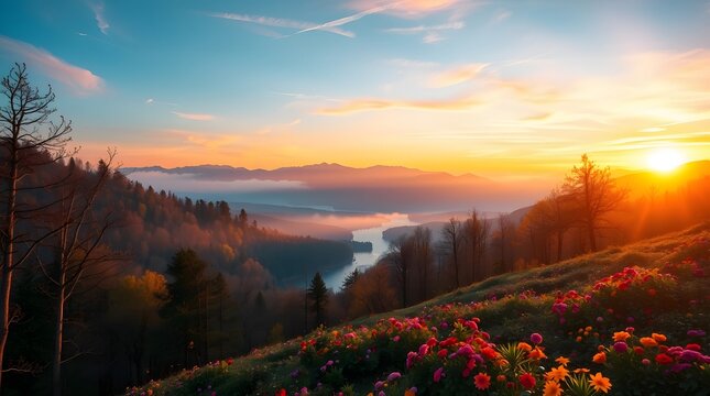 Spring Forest Mountain River in Sunrise