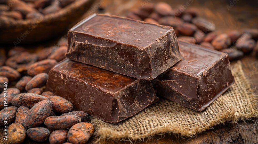 Poster rustic chocolate idea. delicious dark chocolate bars placed on a rustic wooden table with cocoa bean