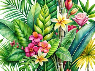 Watercolor Tropical Floral Illustrations - Palm Leaf, Bamboo, Green Leaves