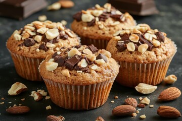 Muffins with chocolate and nuts on a dark background