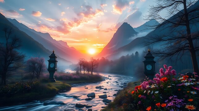 Spring Forest Mountain River in Sunrise