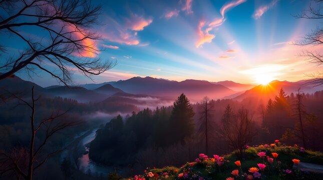 Spring Forest Mountain River in Sunrise