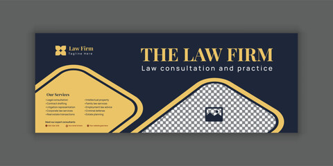 Law Services Social Media Banner Design or Law Consulting Online Banner Template and Flat Law Firm Advertising  Facebook Cover and Horizontal banner template