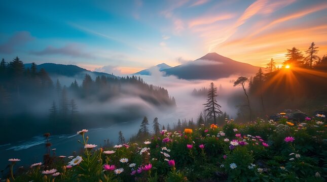 Spring Forest Mountain River in Sunrise