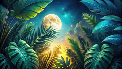 Watercolor Tropical Leaves Night Photography AI Art