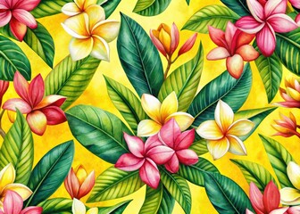 Watercolor Tropical Plumeria  Pattern - Yellow Background AI Photo