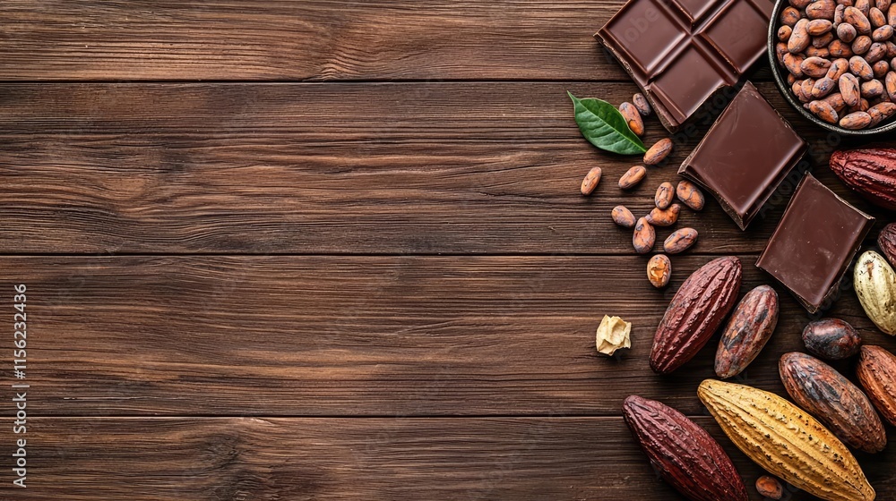 Poster rustic chocolate idea. rich assortment of chocolate and cocoa beans arranged on rustic wooden backgr