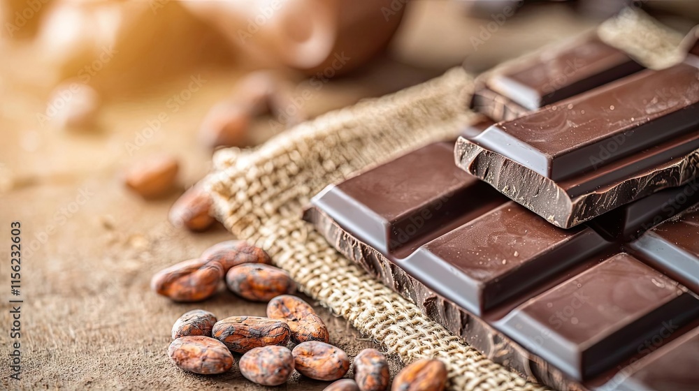 Poster rustic chocolate idea. delicious chocolate bars surrounded by cocoa beans and rustic textures.