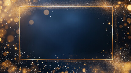 Golden Sparkles Frame: Elegant navy blue background adorned with a golden rectangular frame, shimmering with golden sparkles and bokeh lights, perfect for elegant designs and luxurious presentations.