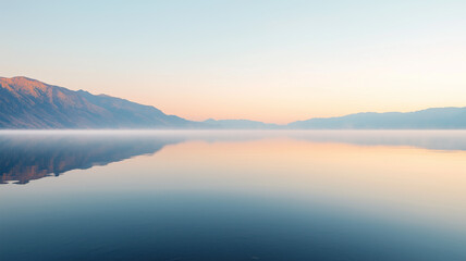Obraz premium 薄霧に包まれる朝焼けの湖面と静けさの広がる風景