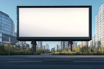 Obraz premium Billboard for mockup with white screen. Behind a city road and green tree, a building background