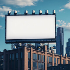 Obraz premium Billboard is on top of the building for the mockup with a white screen. Behind a city nature forest
