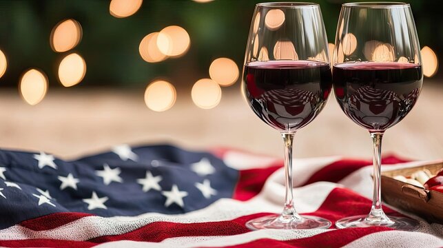 Fourth july idea. Two wine glasses on an American flag with festive lights in the background.