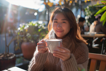 Drinking Coffee on a Terrace Overlooking a Busy Urban Street with Steaming Cup and Relaxing Morning Vibes