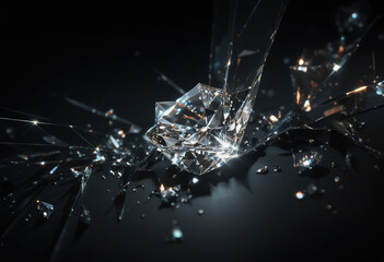 A shattered piece of glass suspended in mid-air, with sparkling shards reflecting light