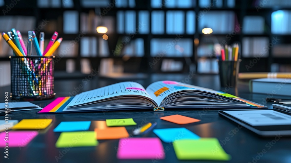 Poster open planner with colorful sticky notes on a desk.