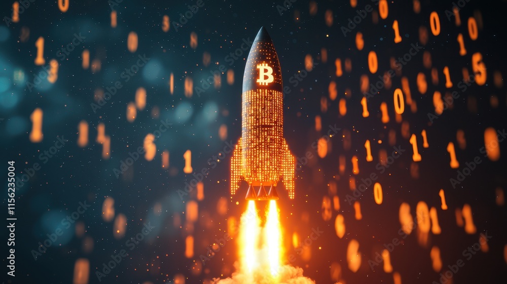 Poster bitcoin rocket launching digital currency cryptocurrency space exploration binary code innovation