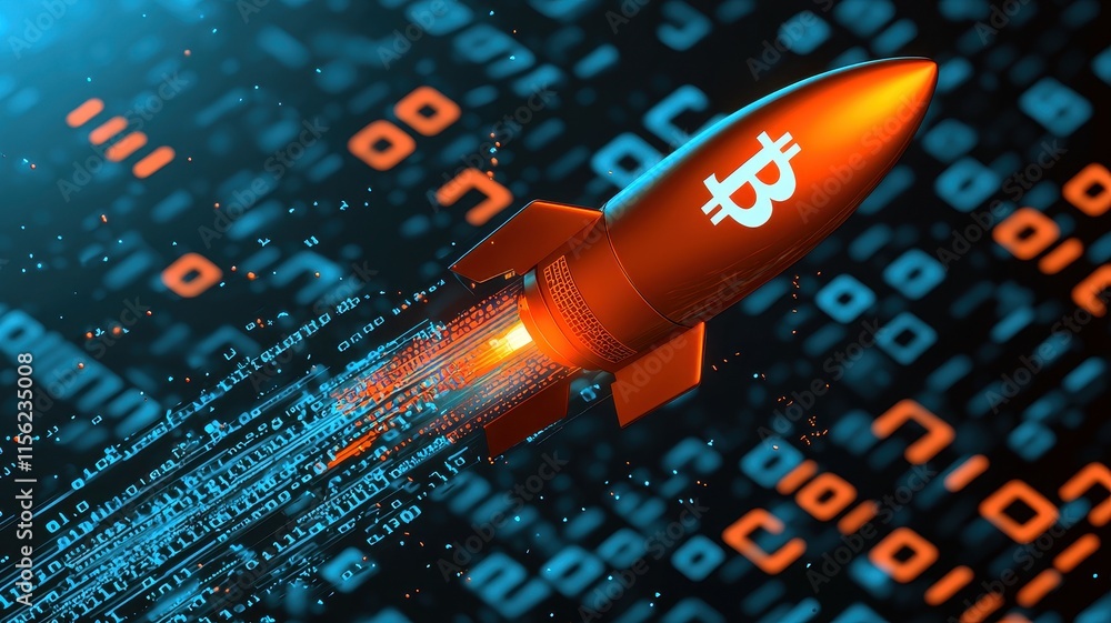 Poster bitcoin rocket launching through binary code cryptocurrency growth
