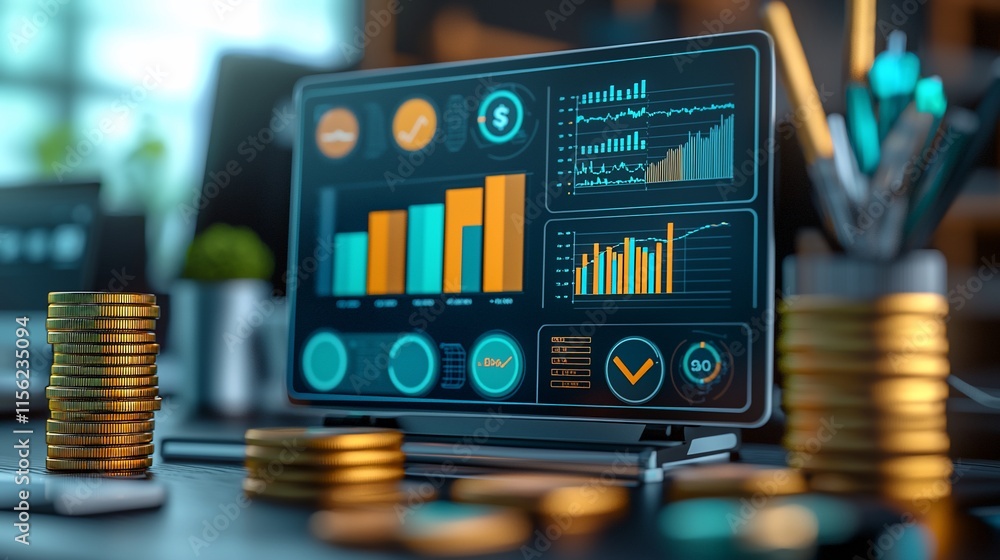 Poster Financial data analysis displayed on a computer screen with stacks of coins.