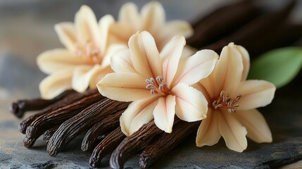 Fototapeta premium Vanilla Beans and Delicate Flowers Resting on a Dark Surface