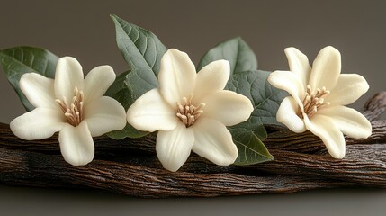 Delicate White Flowers Resting on Vanilla Beans