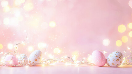 Obraz premium A dreamy Easter card with glowing fairy lights, pastel eggs in soft focus, and a gradient pink background. The center space is blank, perfect for personalized holiday greetings. 