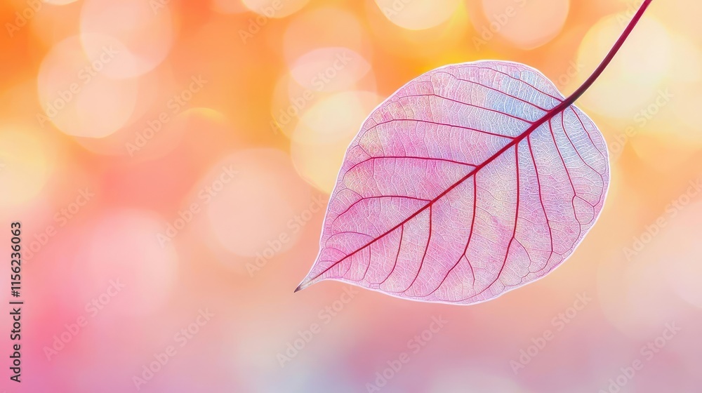 Poster blurred bokeh concept. a delicate leaf glows against a dreamy bokeh background in soft pastel colors