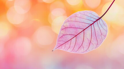 Naklejka premium Blurred bokeh concept. A delicate leaf glows against a dreamy bokeh background in soft pastel colors.