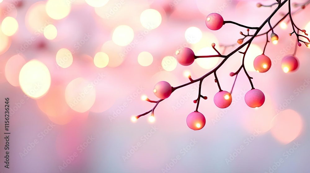 Poster blurred bokeh concept. delicate pink branches adorned with glowing spherical lights create a dreamy 
