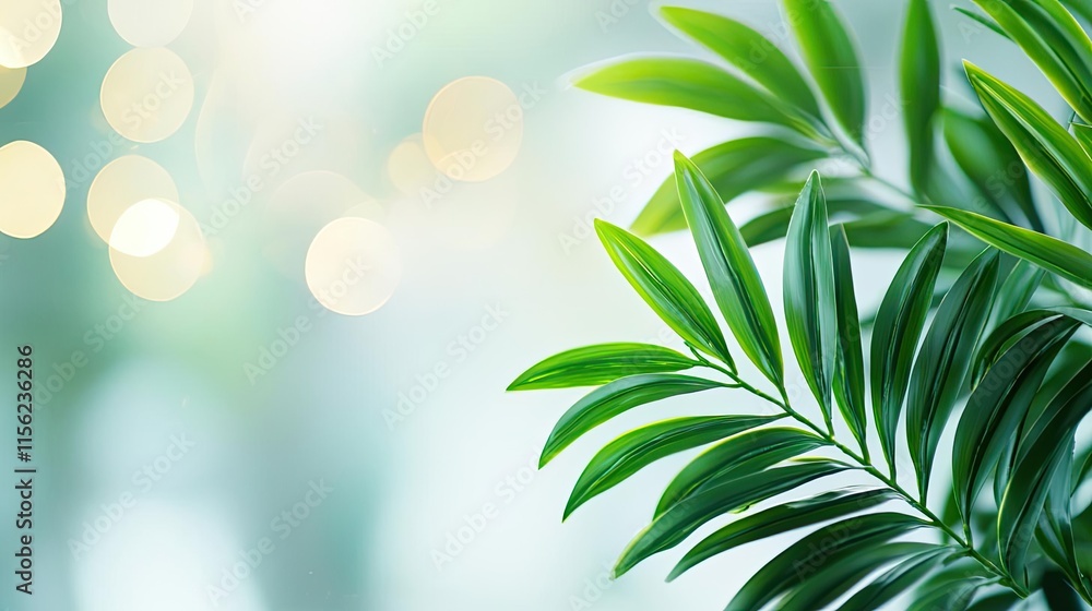 Poster blurred bokeh concept. close-up of lush green leaves with soft bokeh lights in the background, symbo