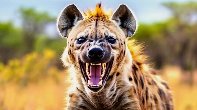 A close-up of a hyena showing its teeth in a wild setting.