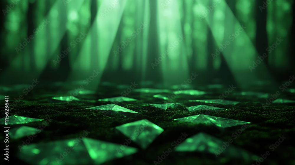 Poster Enchanted 3D Digital Forest Background with Green Trees and Shimmering Gems