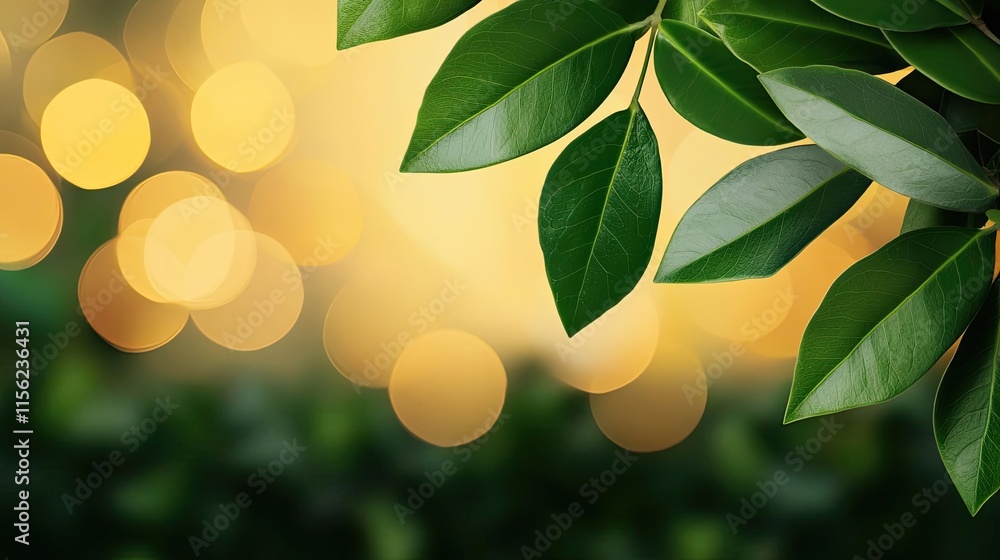 Poster blurred bokeh concept. close-up of green leaves with soft bokeh background, symbolizing nature's bea