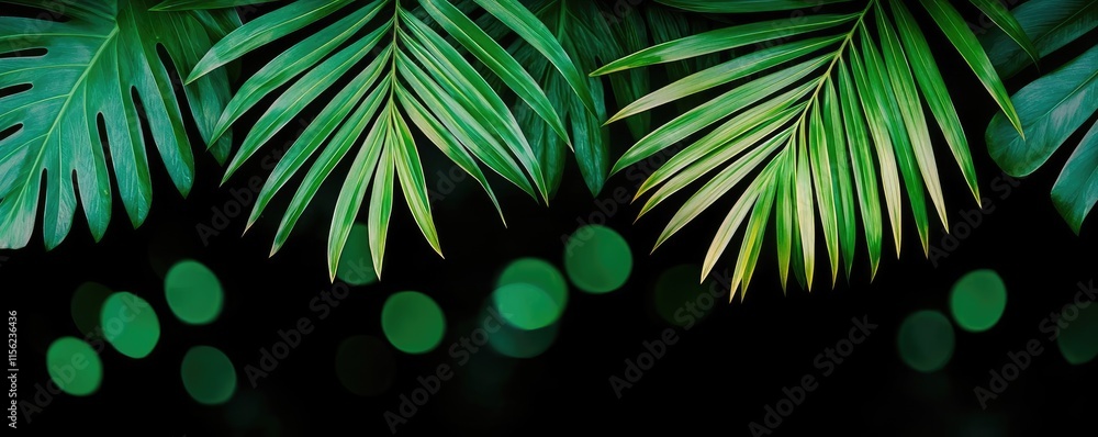 Poster blurred bokeh concept. vibrant green palm leaves against a dark backdrop with bokeh effect.