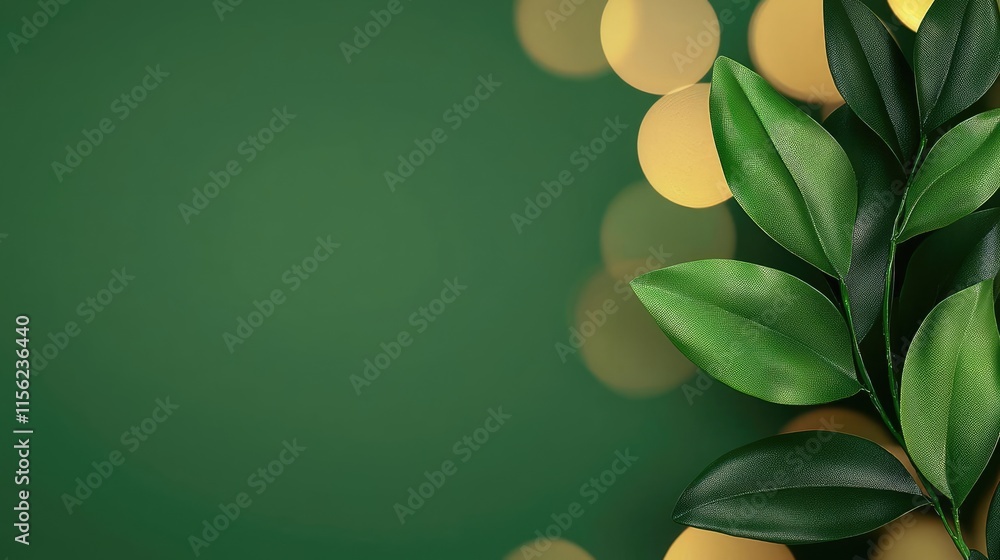 Poster blurred bokeh concept. vibrant green leaves on a dark background with golden bokeh for a fresh botan