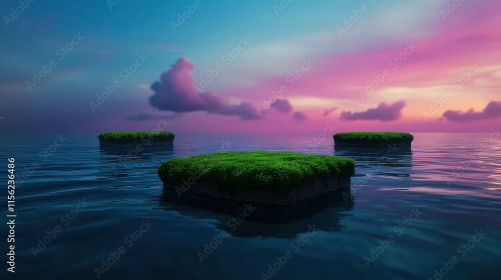 Poster surreal 3d background of floating geometric islands in a dreamy atmosphere