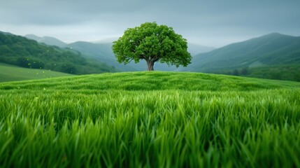 Serene Lone Tree in Rolling Green Fields