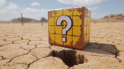 Desert Mystery Cracked Earth Question Mark Cube Sunlit Sand