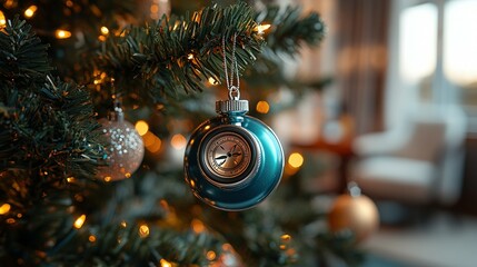 Teal Compass Ornament Hangs On Christmas Tree