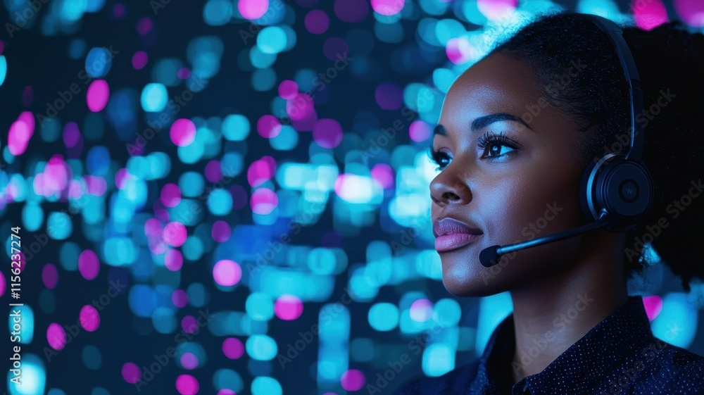 Poster futuristic call center agent tech support headset network data holographic background