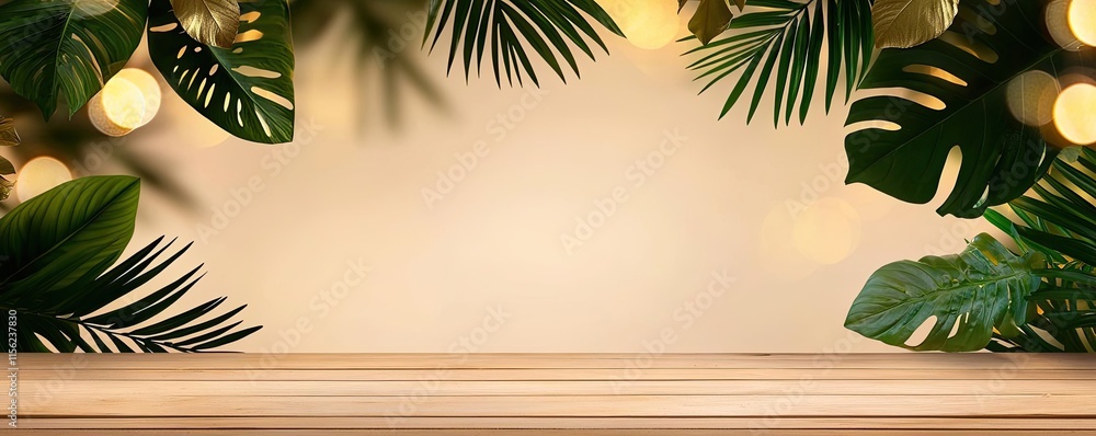 Poster blurred bokeh concept. a beautiful arrangement of tropical leaves with soft bokeh lights in the back