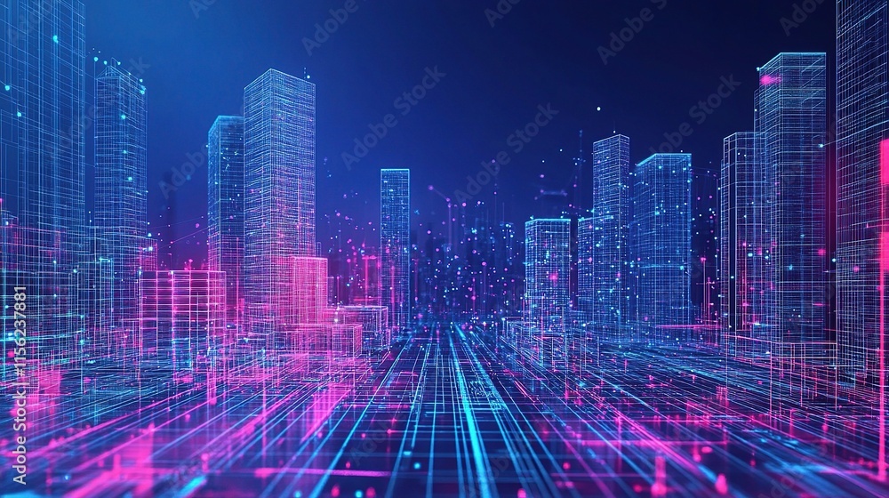 Poster 3d abstract wireframe city background with perspective and scale